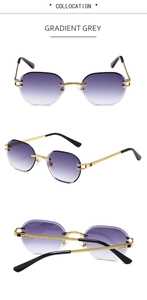 Detailed view of rimless gradient sunglasses with textured gold temples and bridge