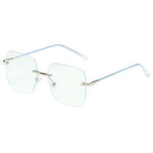 Frameless square blue light glasses with silver metal bridge and pearl temple accents