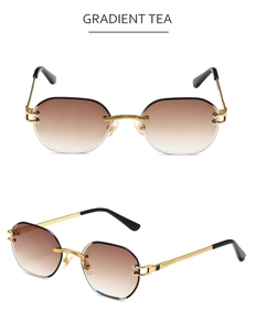 Detail of gradient tea lenses and wave-engraved gold metal frames on rimless sunglasses