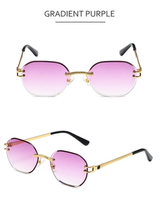 Detail view of rimless gradient purple sunglasses with elegant gold metal frames