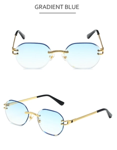 Detail view of rimless gradient blue sunglasses with textured gold metal temples
