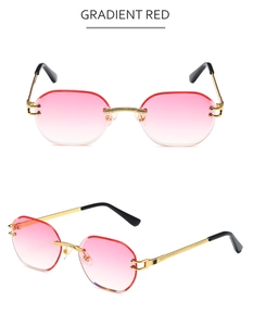 Detailed front and side views of rimless gradient red polygon sunglasses with gold metal frame