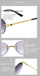 Detail of rimless sunglasses with gradient purple lenses and engraved gold metal temples