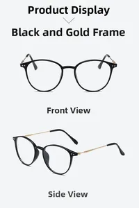 Detail view of vintage round eyeglasses in black and gold with sleek metal temples