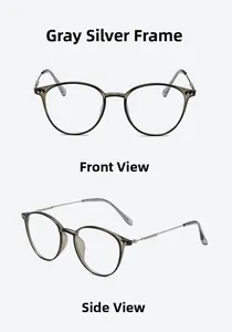 Front and side views of round grey translucent optical frames with silver metal temples