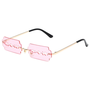 Pink razor blade rimless sunglasses with gold metal frame for avant-garde fashion style