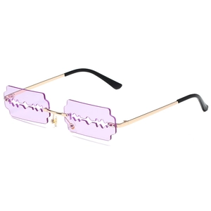 Unique razor blade shaped purple rimless sunglasses with gold metal frame for punk style