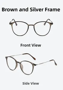 Front and side views of vintage round brown TR90 glasses frames with silver metal temples