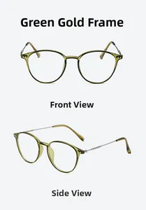 Front and side views of vintage round green gold anti-blue light glasses frames