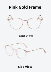 Detailed front and side views of slim pink gold metal anti-blue light glasses frames