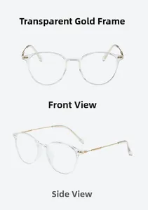 Front and side view of transparent round glasses frames with thin gold metal temples