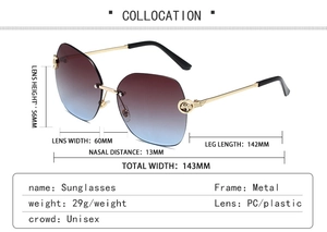 Detailed size chart of rimless metal sunglasses with purple-blue gradient lenses