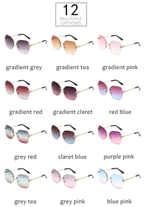 Detailed catalog showing 12 multiple color options of rimless gradient metal sunglasses