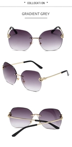 Detailed views of rimless gradient grey sunglasses featuring leopard head metal hinges