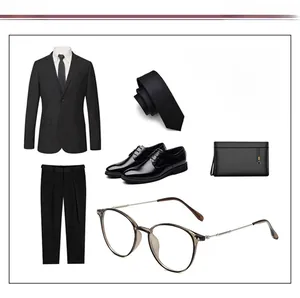 Classic round brown eyeglass frames paired with a professional black business suit ensemble