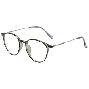 Retro round blue light blocking glasses with translucent grey frame and silver metal temples