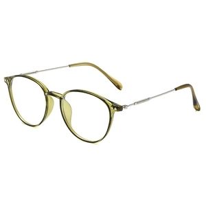 Retro round metal anti-blue light glasses with olive green frames for women