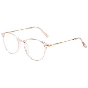 Stylish round pink transparent eyewear frame with slim gold metal temples on white background