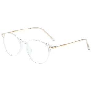Detail of round transparent eyeglass frames with thin gold metal temples and clear ear tips