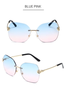 Detail of rimless sunglasses with blue-pink gradient lenses and gold panther head hinge
