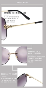 Detail of rimless sunglasses with leopard head emblem and purple gradient lens