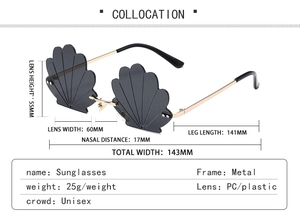 Detailed dimensions of flower shell rimless sunglasses with gray lenses and gold frame