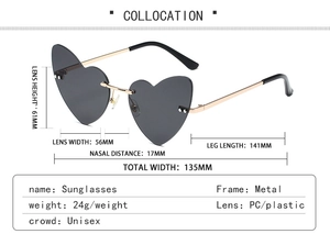 Detailed technical drawing of heart-shaped rimless sunglasses with full dimensions