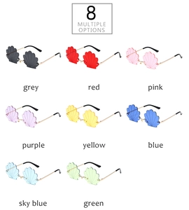 Macro display of shell-shaped rimless sunglasses in eight different vibrant colors