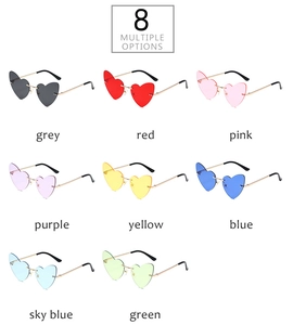 Selection of rimless heart-shaped sunglasses in eight vibrant colors with metal temples