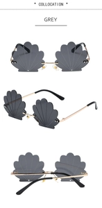 Detailed multi-angle view of grey shell-shaped rimless sunglasses with gold metal frame