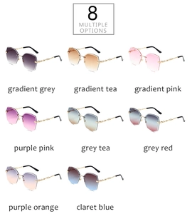 Présentation de huit lunettes de soleil sans monture dégradées avec des branches en métal
