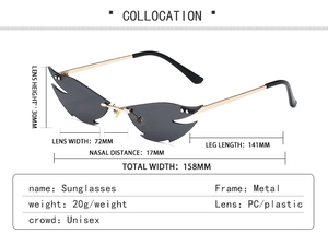 Detailed size chart of rimless fire flame sunglasses with grey lenses and gold frame