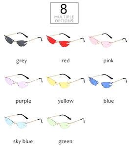 Detail showcasing eight color options of rimless flame-shaped cat eye sunglasses for women