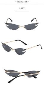 Three-way view of grey flame-shaped rimless sunglasses with gold metal frames