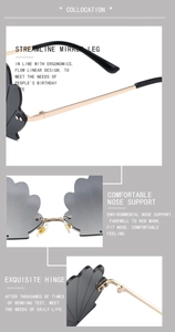 Detail of flower-shaped rimless sunglasses featuring shell texture and metal hinges