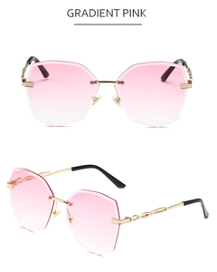 Détail de lunettes de soleil sans monture rose dégradé avec branches en métal doré