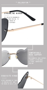 Detailed views of rimless heart sunglasses featuring metal hinges and soft nose pads