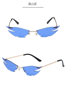 Detailed views of blue flame-shaped rimless cat-eye sunglasses with gold metal temples