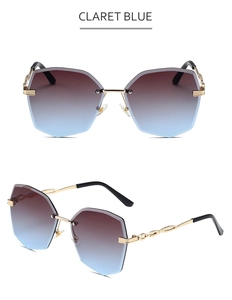 Détails de lunettes sans monture dégradé bordeaux bleu avec branches en métal tressé doré