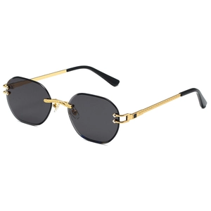 Chic rimless polygon sunglasses with gold textured metal temples and dark grey lenses