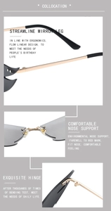 Detailed close-up of flame-shaped rimless sunglasses features metal hinges and nose pads