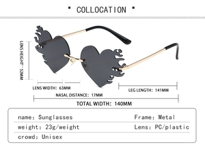 Dimensions détaillées pour lunettes de soleil flamme cœur avec branches en métal