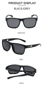 Vues multiples de lunettes de soleil de sport polarisées noires, face et profil