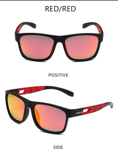 Détails des lunettes de soleil de sport polarisées avec verres rouges et branches tigrées