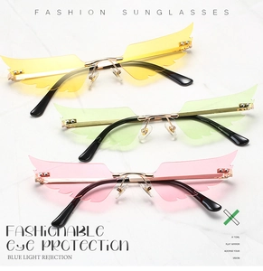 Close-up of wing-shaped rimless sunglasses in yellow, green, and pink colors