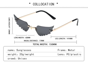 Detailed dimension guide for chic wing-shaped sunglasses with metal frame and PC lenses
