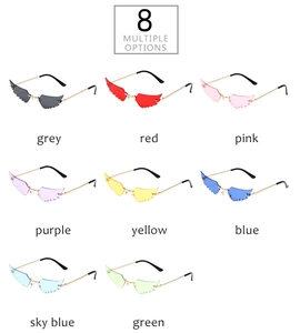 Detailed grid showing wing-shaped rimless sunglasses in eight different vibrant colors