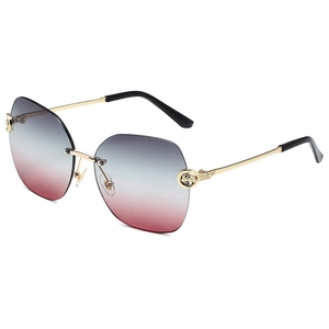 Frameless metal sunglasses with blue-pink gradient lenses and gold panther detail