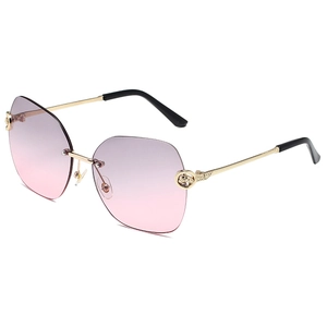 Frameless geometric women's sunglasses with purple gradient lenses and gold leopard head