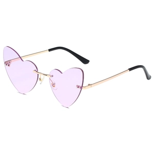 Frameless heart-shaped sunglasses with purple lenses and gold metal temples